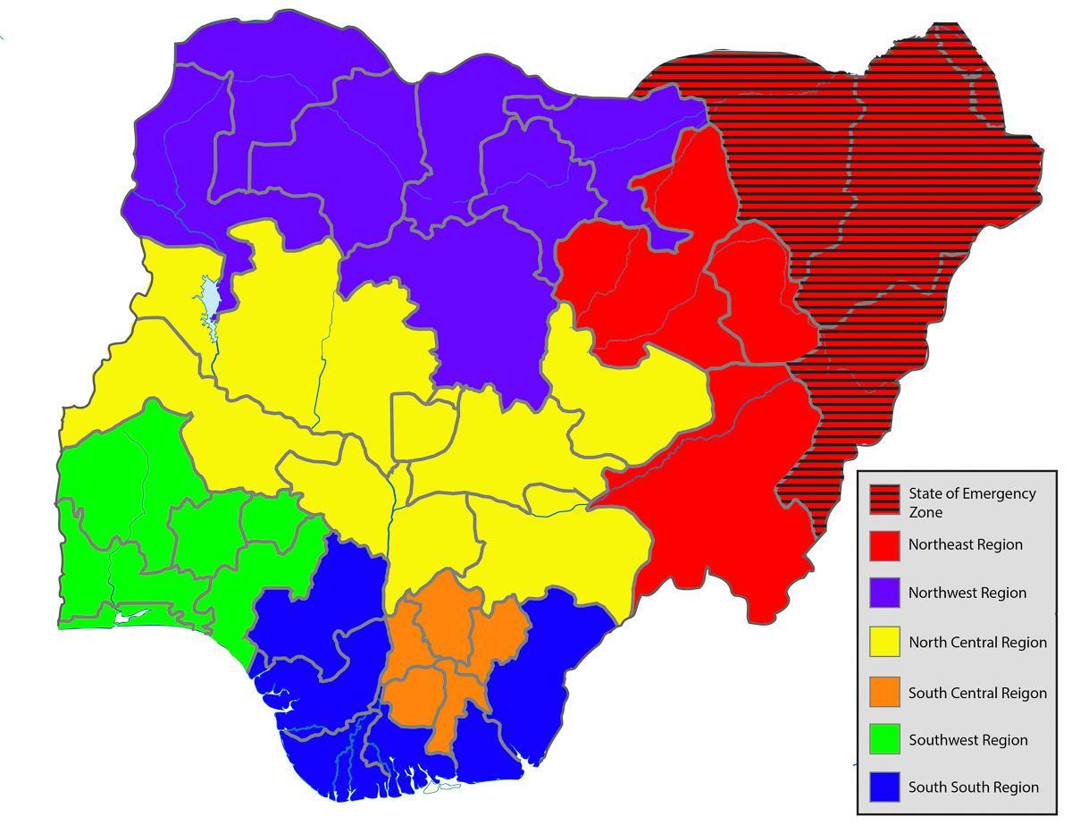 નકશો નાઇજીરીયા દર્શાવે તમામ રાજ્યો